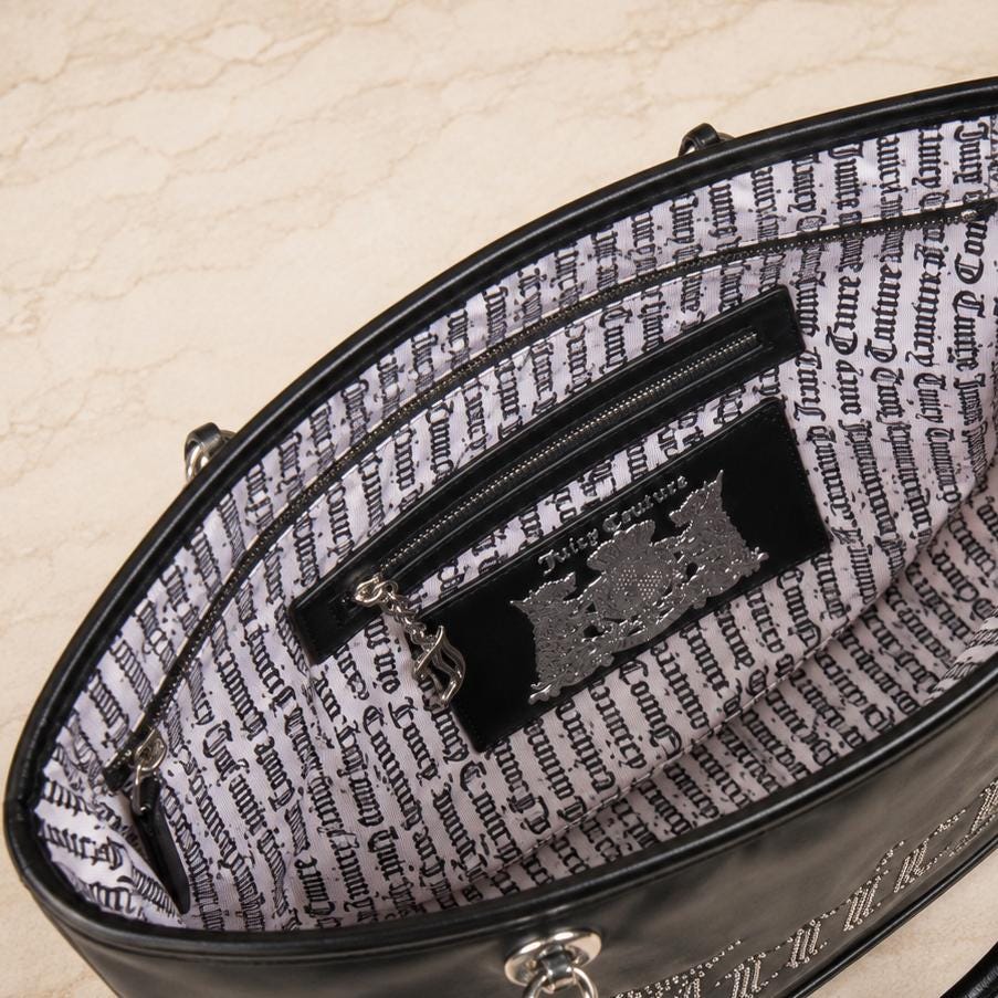 Juicy Couture Black Kimberly Tote Bag, Studded Logo Shoulder Bag, Silver Hardware Large Designer Style Handbag, Gift for Her