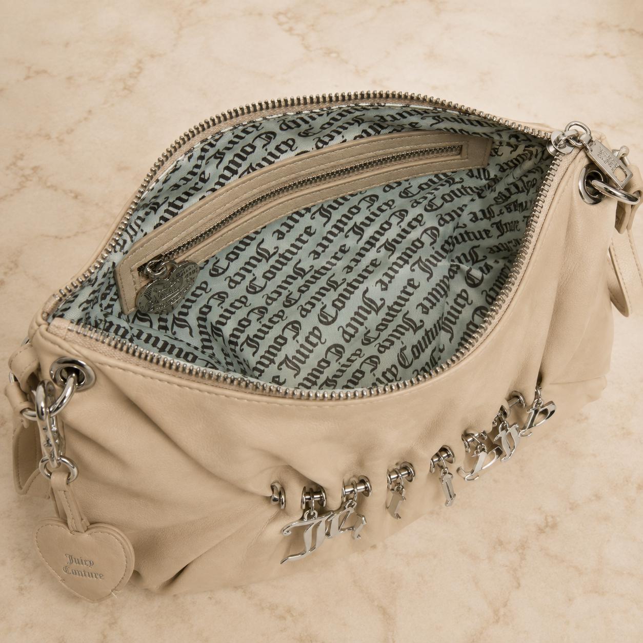 Juicy Couture Marshmallow Jade Shoulder Bag, Cream Ruched Handbag, Silver Charm Logo Purse, Women’s Designer Shoulder Bag