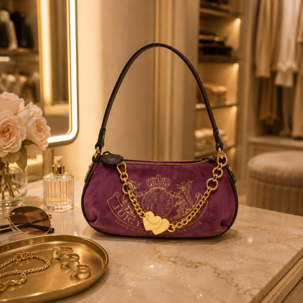 Juicy Couture Purple Velour Shoulder Bag, Gold Chain Heart Charm Crossbody Handbag, Detachable Strap, Women’s Designer Bag