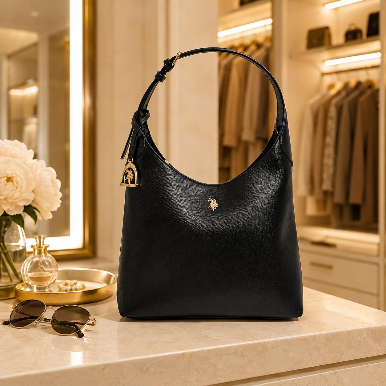 US Polo Assn Black Jones Hobo Shoulder Bag | Women’s Black Handbag | Gold Logo Top Handle Bag | Everyday Designer Style Gift