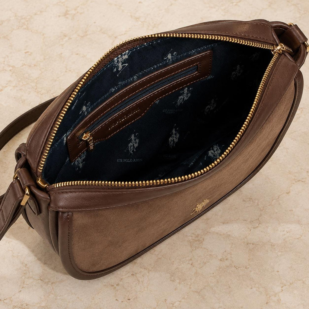 U.S. Polo Assn Dark Brown Crossbody Bag, Jones Flap Shoulder Bag, Adjustable Strap Handbag, Gold Logo Purse, Gift for Her