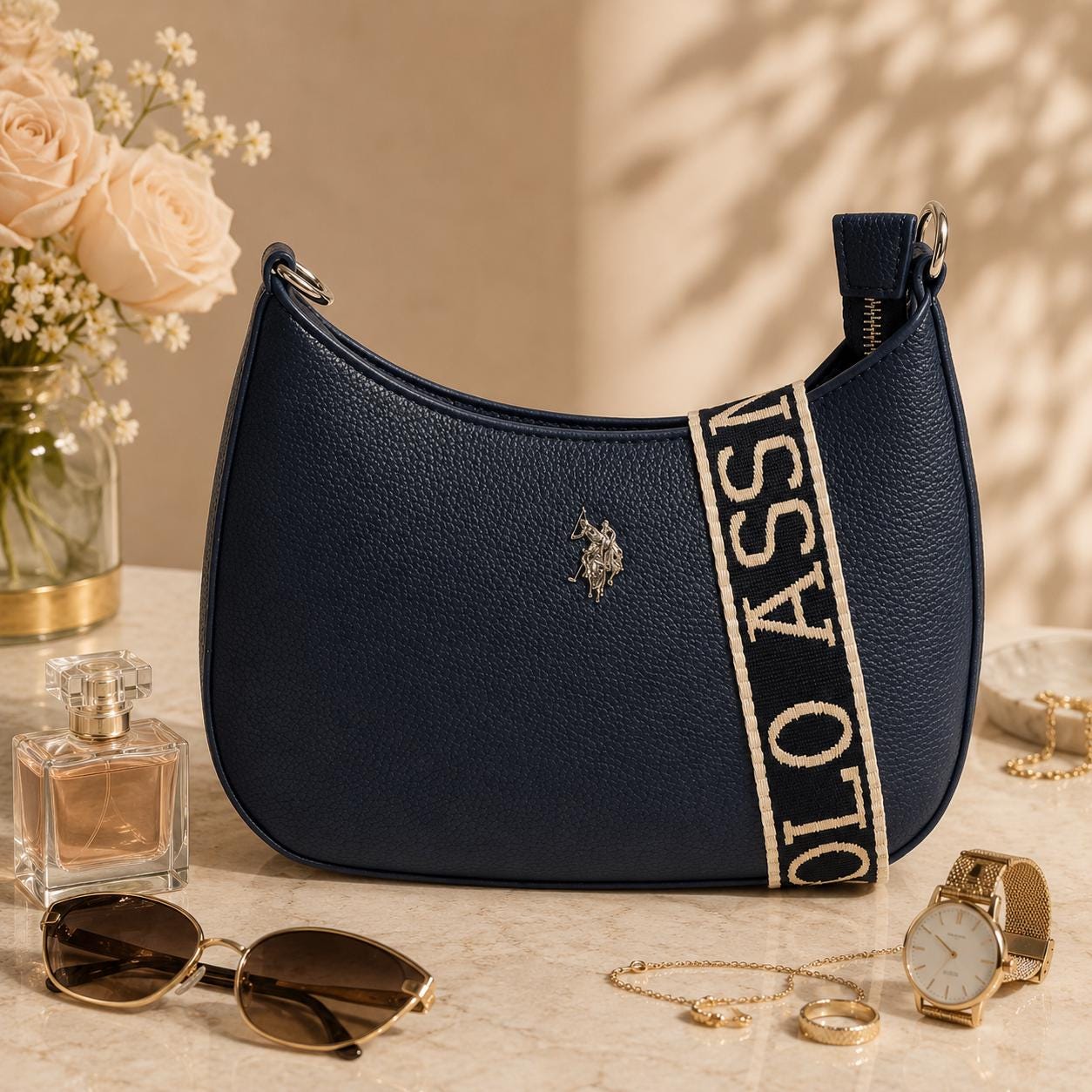 U.S. Polo Assn Navy Shoulder Bag, Mansion Crossbody Bag, Women’s Adjustable Strap Handbag, Everyday Bag, Gift for Her