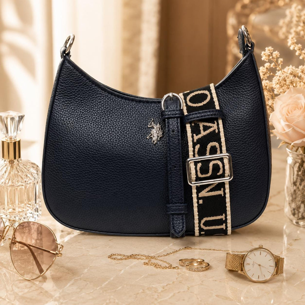 US Polo Assn Navy Blue Crossbody Bag, Womens Hobo Shoulder Bag, Adjustable Logo Strap, Pebbled Everyday Handbag, Gift for Her