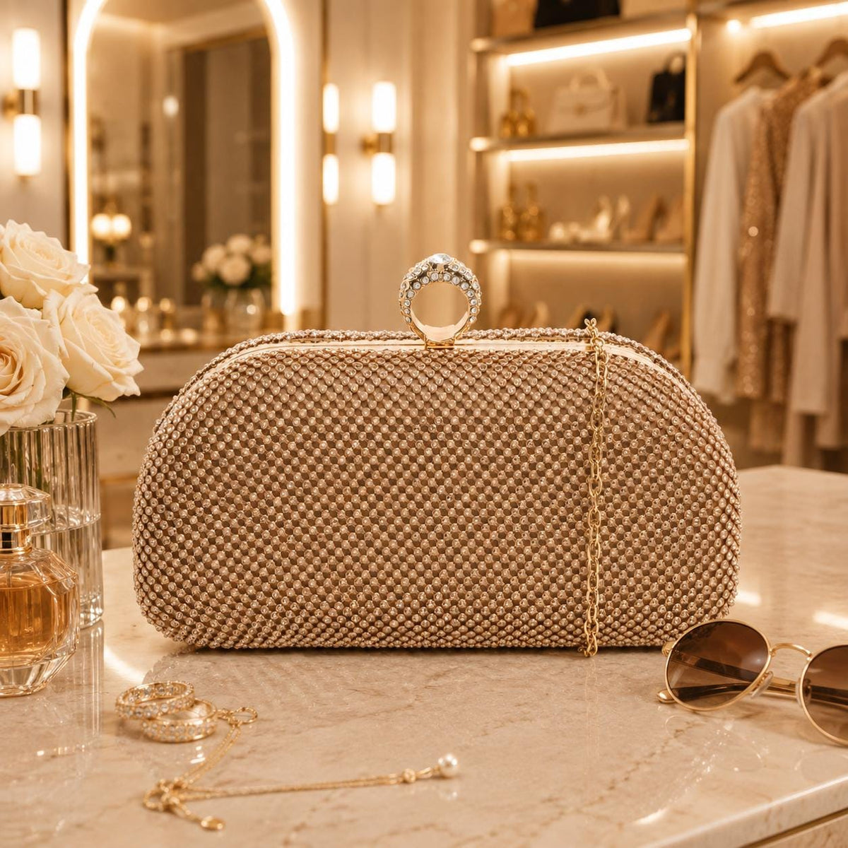 Juicy Couture Tan Grab Bag, Embellished Evening Clutch Bag, Gold Chain Shoulder Bag, Sparkle Party Purse, Gift for Her