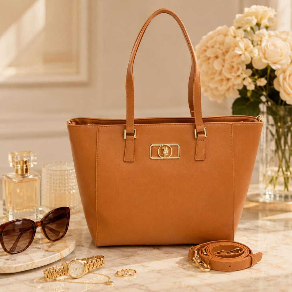 US Polo Assn Burnt Orange Shopper Bag, Large Tote Handbag, Crossbody Shoulder Bag, Detachable Strap, Gold Logo Bag