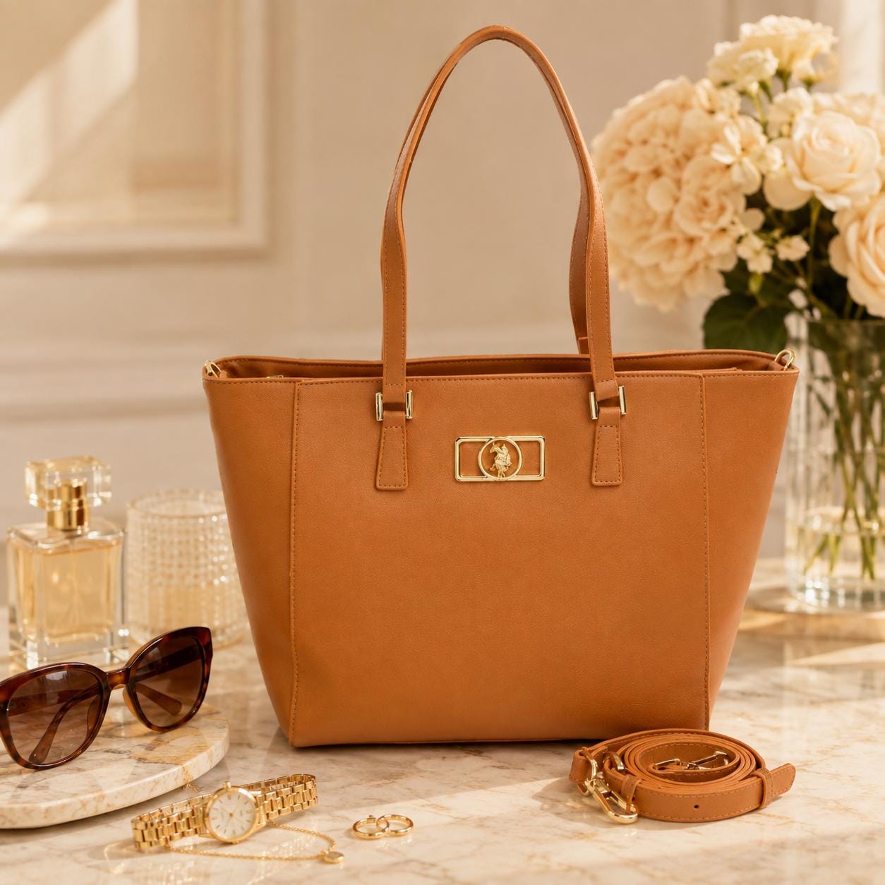 US Polo Assn Burnt Orange Shopper Bag, Large Tote Handbag, Crossbody Shoulder Bag, Detachable Strap, Gold Logo Bag