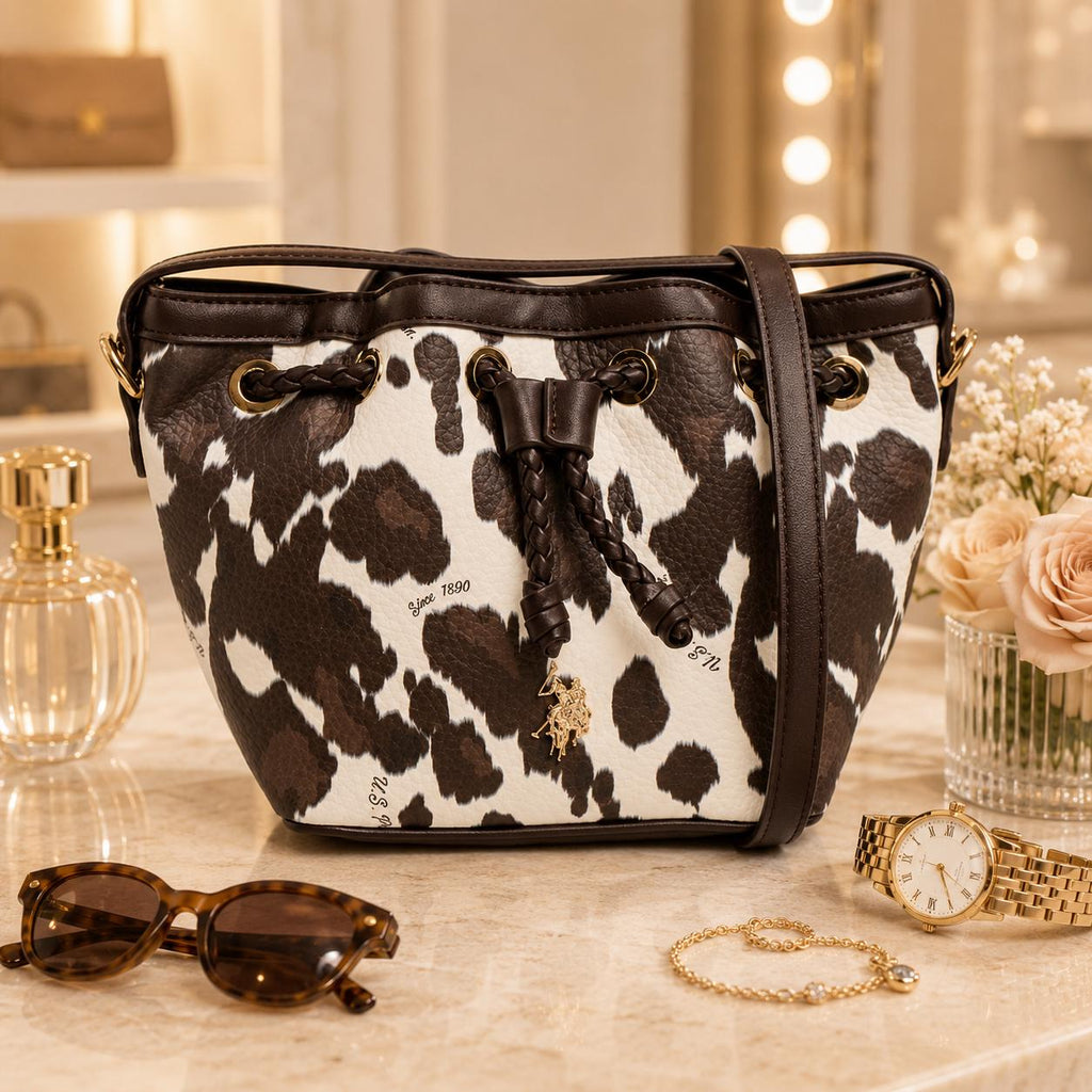 US Polo Assn Cow Print Bucket Bag, Brown & Cream Crossbody Handbag, Drawstring Shoulder Bag, Gold Hardware, Gift for Her