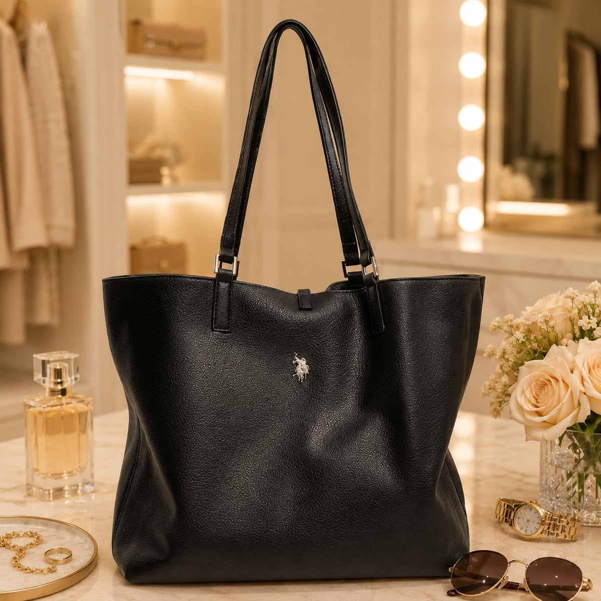 US Polo Assn Black Malibu Tote Bag, Large Womens Shoulder Handbag, Pebbled Everyday Shopper, Silver Logo Work Bag, Gift for Her