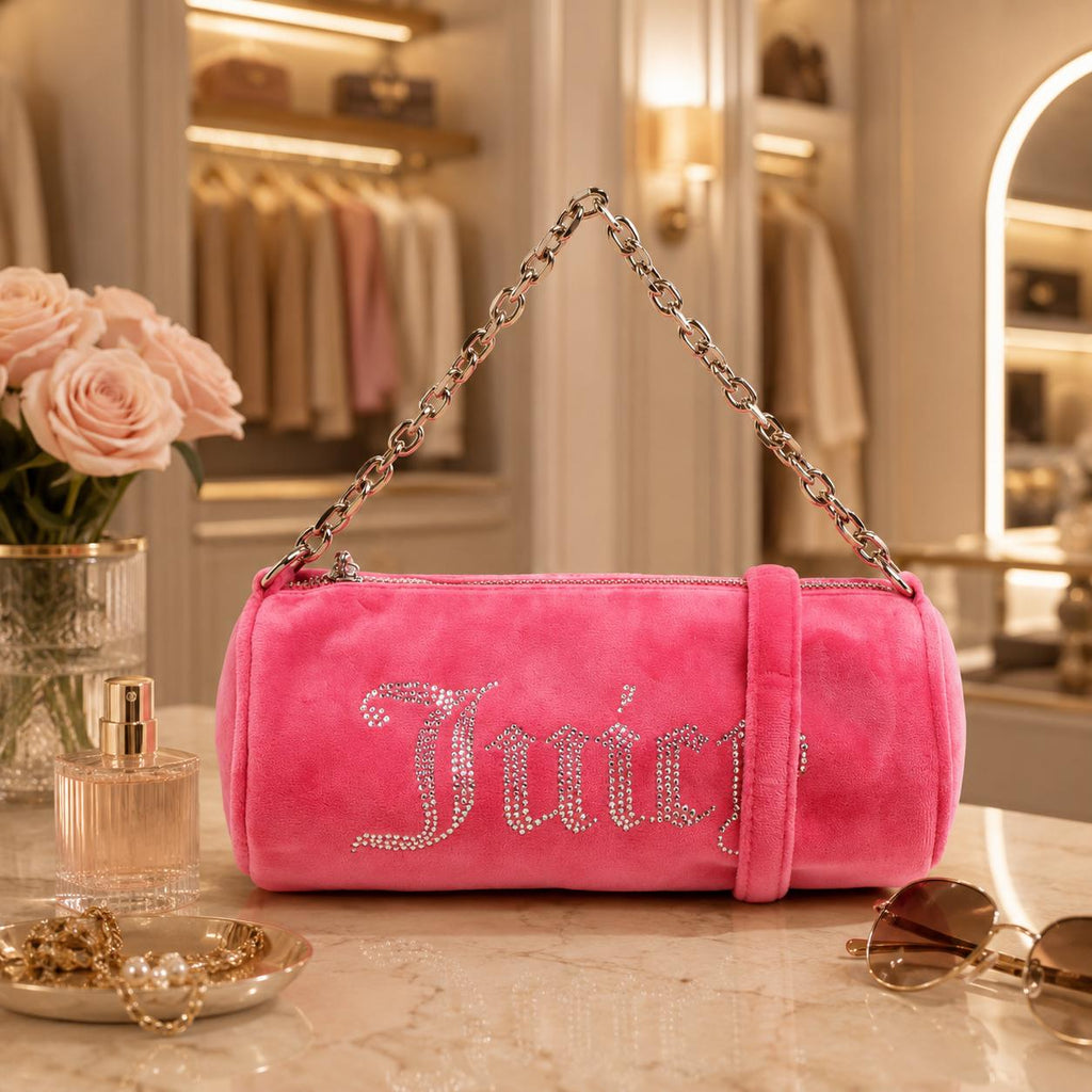 Juicy Couture Pink Barrel Bag, Velour Shoulder Bag, Rhinestone Logo Handbag, Silver Chain Purse, Pink Handbag, Gift for Her