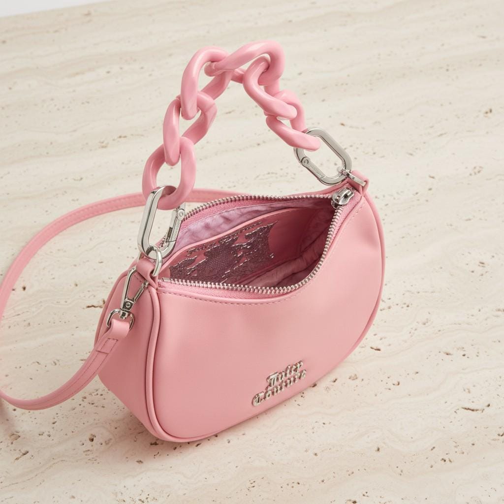Juicy Couture Pink Grab Bag, Pink Shoulder Bag, Chunky Chain Handbag, Faux Leather Purse, Detachable Strap, Gift for Her