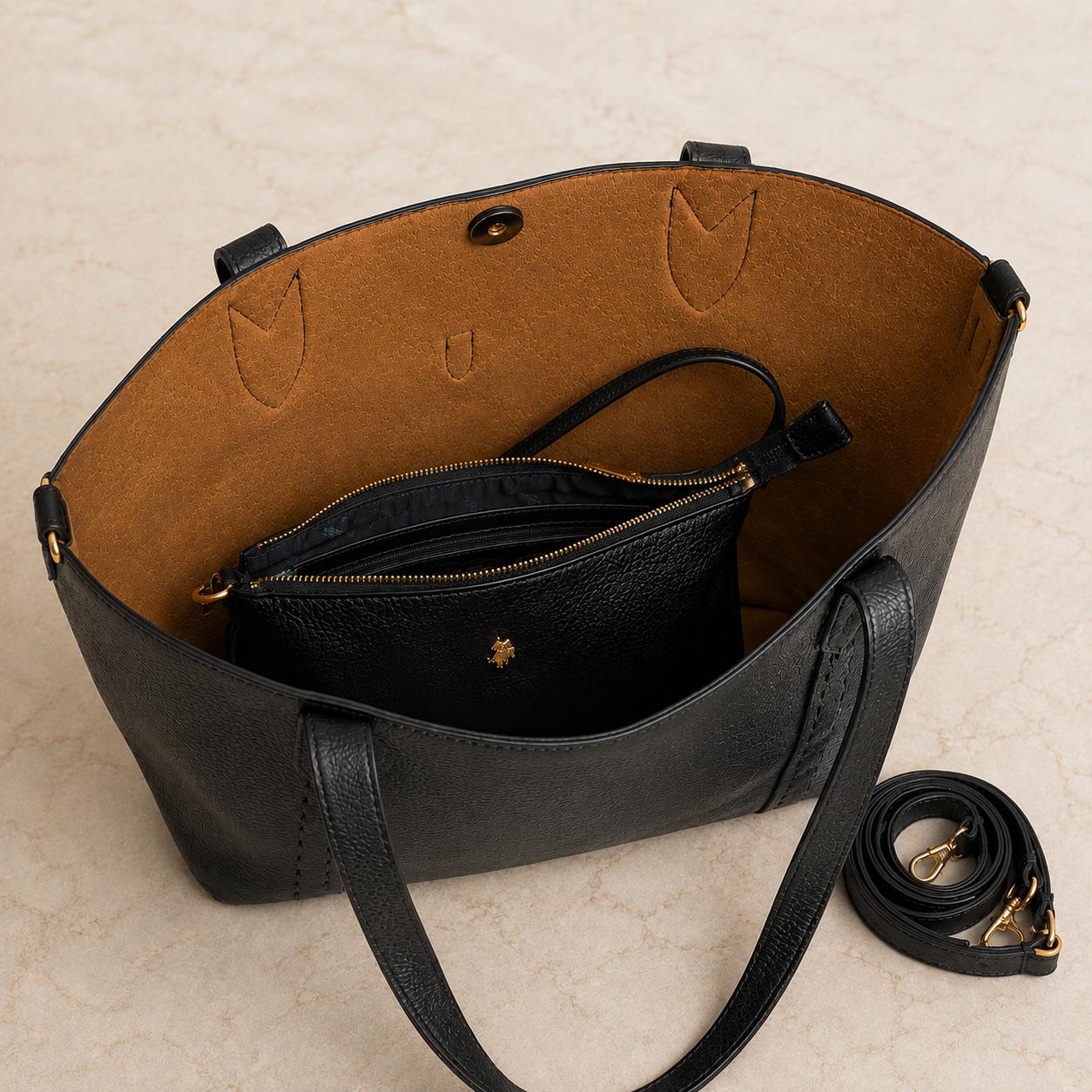 US Polo Assn Black Helcho Tote Bag with Pouch, Womens Pebbled Shoulder Handbag, Gold Hardware Large Shopper, Gift for Her