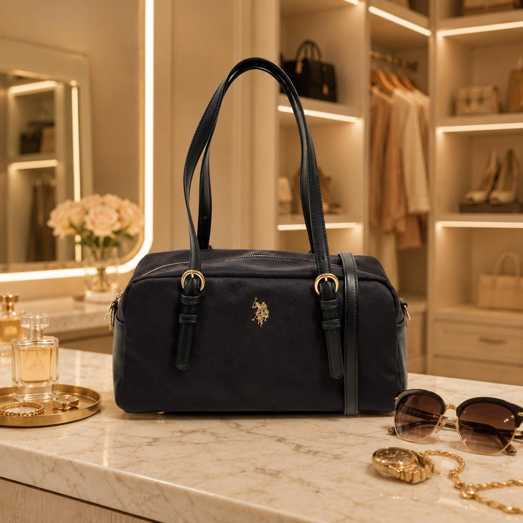 U.S. Polo Assn. Black Houston Bowling Bag, Nylon Shoulder Handbag, Gold Logo Grab Bag, Adjustable Strap, Gift for Her