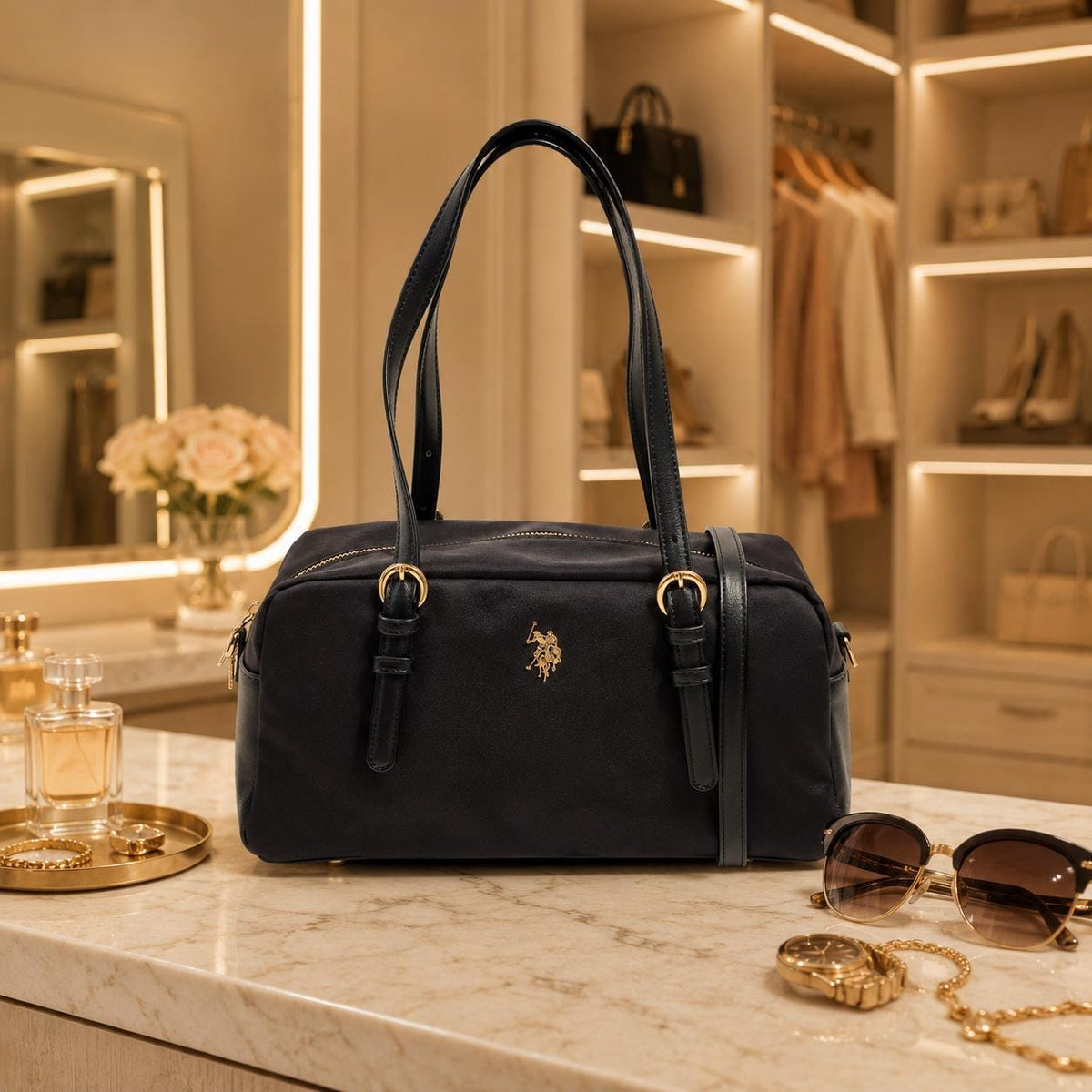 U.S. Polo Assn. Black Houston Bowling Bag, Nylon Shoulder Handbag, Gold Logo Grab Bag, Adjustable Strap, Gift for Her
