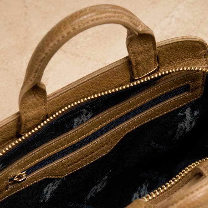U.S. Polo Assn. Tan Grab Bag, Camel Shoulder Handbag, Suede Look Top Handle Bag, Crossbody Purse, Gold Logo Bag, Gift for Her