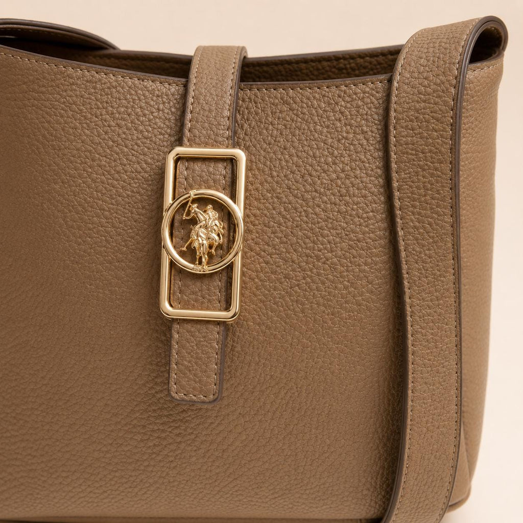 US Polo Assn Beige Shoulder Bag, Sun Faded Handbag, Adjustable Strap Purse, Gold Emblem Everyday Bag, Gift for Her