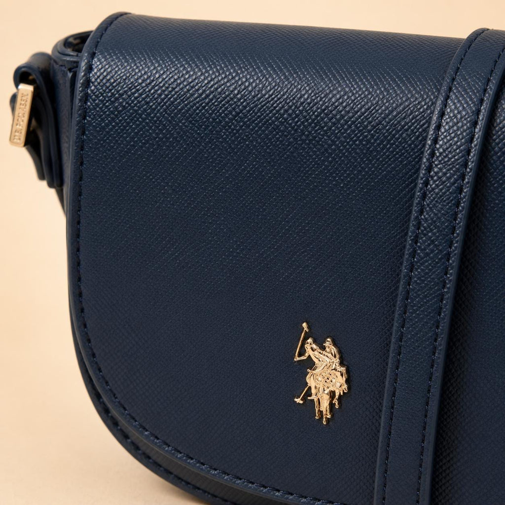 US Polo Assn Navy Crossbody Bag, Jones Shoulder Handbag, Adjustable Strap Purse, Gold Logo Saddle Bag, Gift for Her