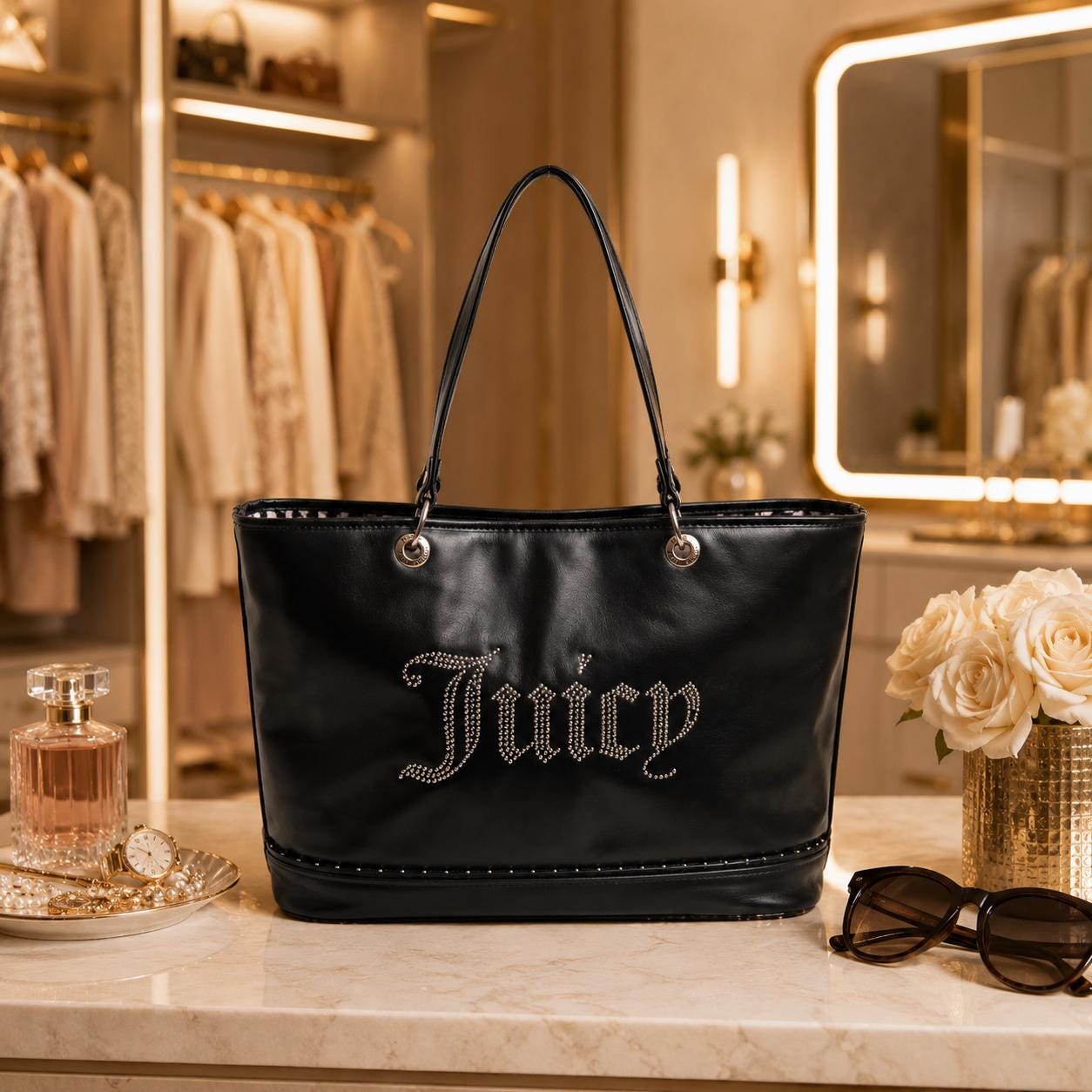 Juicy Couture Black Kimberly Tote Bag, Studded Logo Shoulder Bag, Silver Hardware Large Designer Style Handbag, Gift for Her