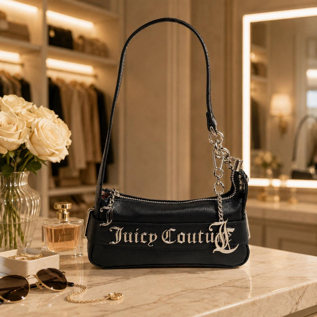 Juicy Couture Black Jasmine Shoulder Bag, Silver Chain Logo Handbag, Black Designer Purse, Women’s Shoulder Bag, Gift for Her
