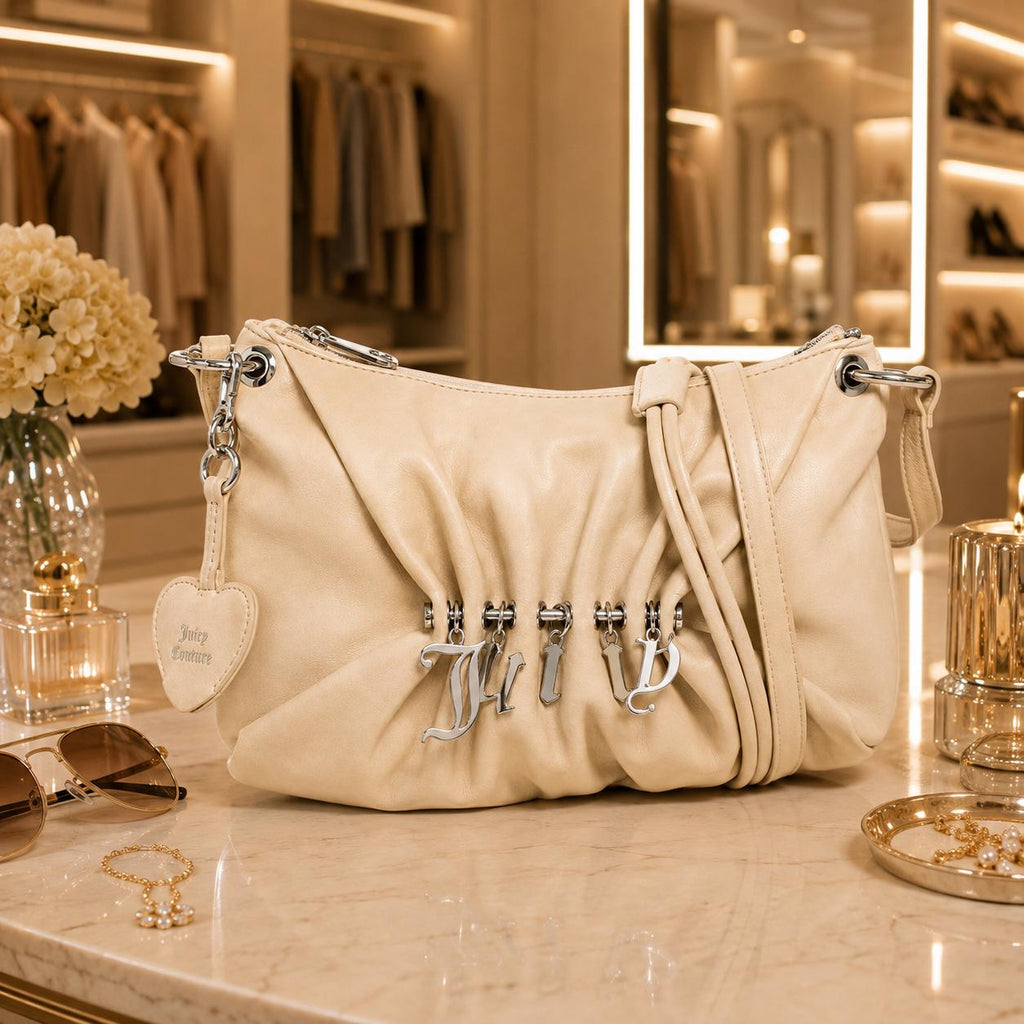 Juicy Couture Marshmallow Jade Shoulder Bag, Cream Ruched Handbag, Silver Charm Logo Purse, Women’s Designer Shoulder Bag