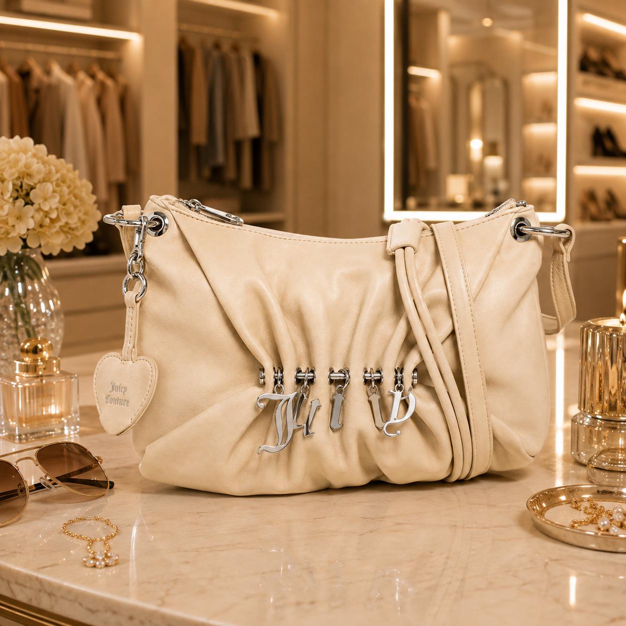 Juicy Couture Marshmallow Jade Shoulder Bag, Cream Ruched Handbag, Silver Charm Logo Purse, Women’s Designer Shoulder Bag