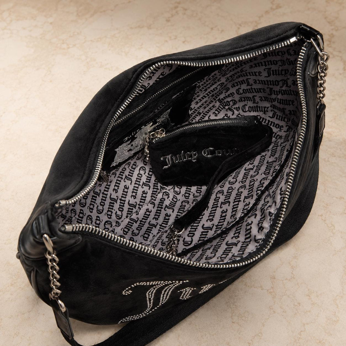 Juicy Couture Black Hobo Shoulder Bag, Rhinestone Embellished Velour Handbag, Slouchy Crescent Bag, Women Gift