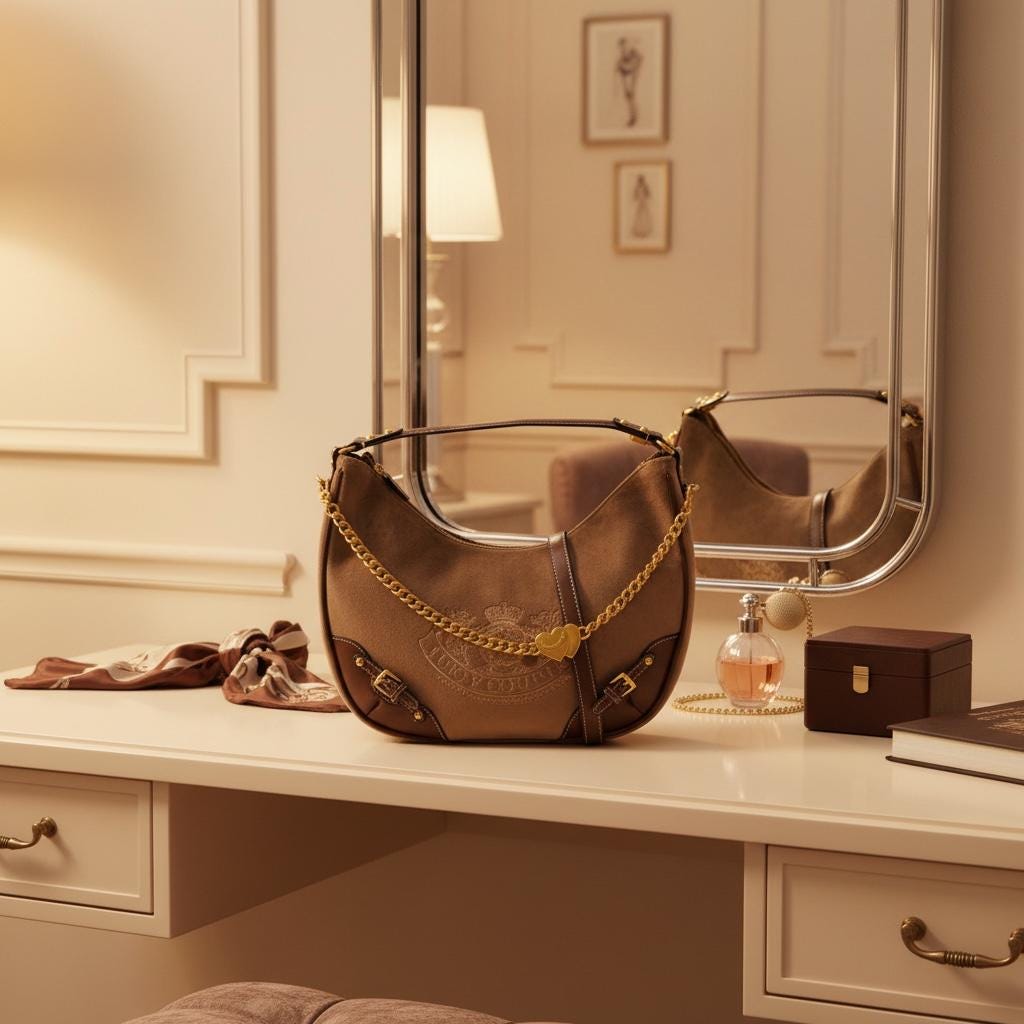 Juicy Couture Brown Hobo Shoulder Bag, Y2K Vintage Inspired Handbag, Gold Heart Charm, 2000s Aesthetic Purse