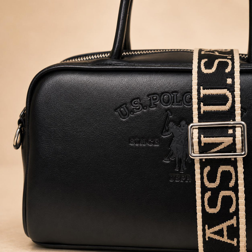 U.S. Polo Assn Black Bowling Bag, Faux Leather Shoulder Bag, Embossed Logo Handbag, Detachable Strap, Womens Crossbody Bag