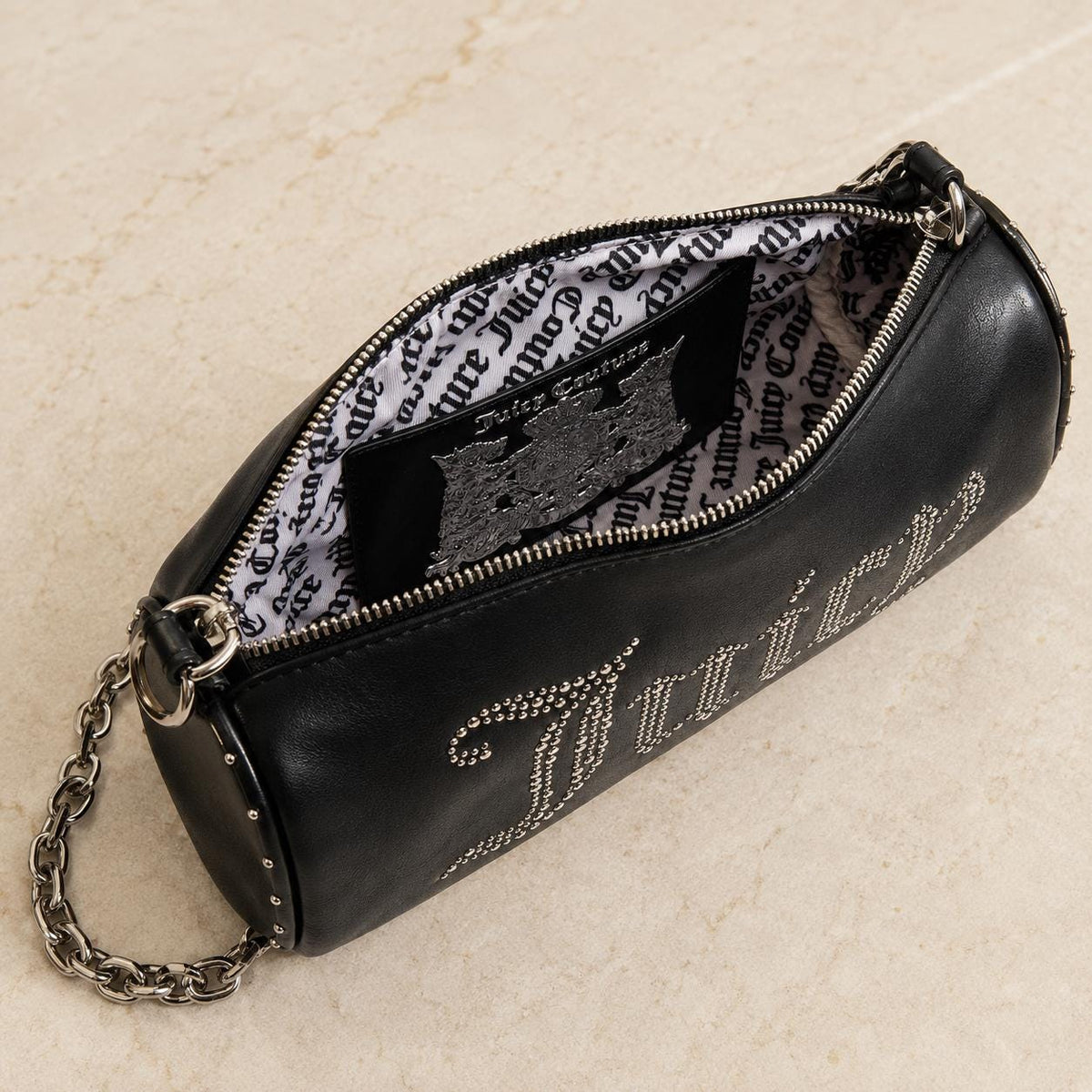 Juicy Couture Black Kimberly Barrel Shoulder Bag, Studded Logo Chain Bag, Silver Hardware, Women’s Designer Handbag