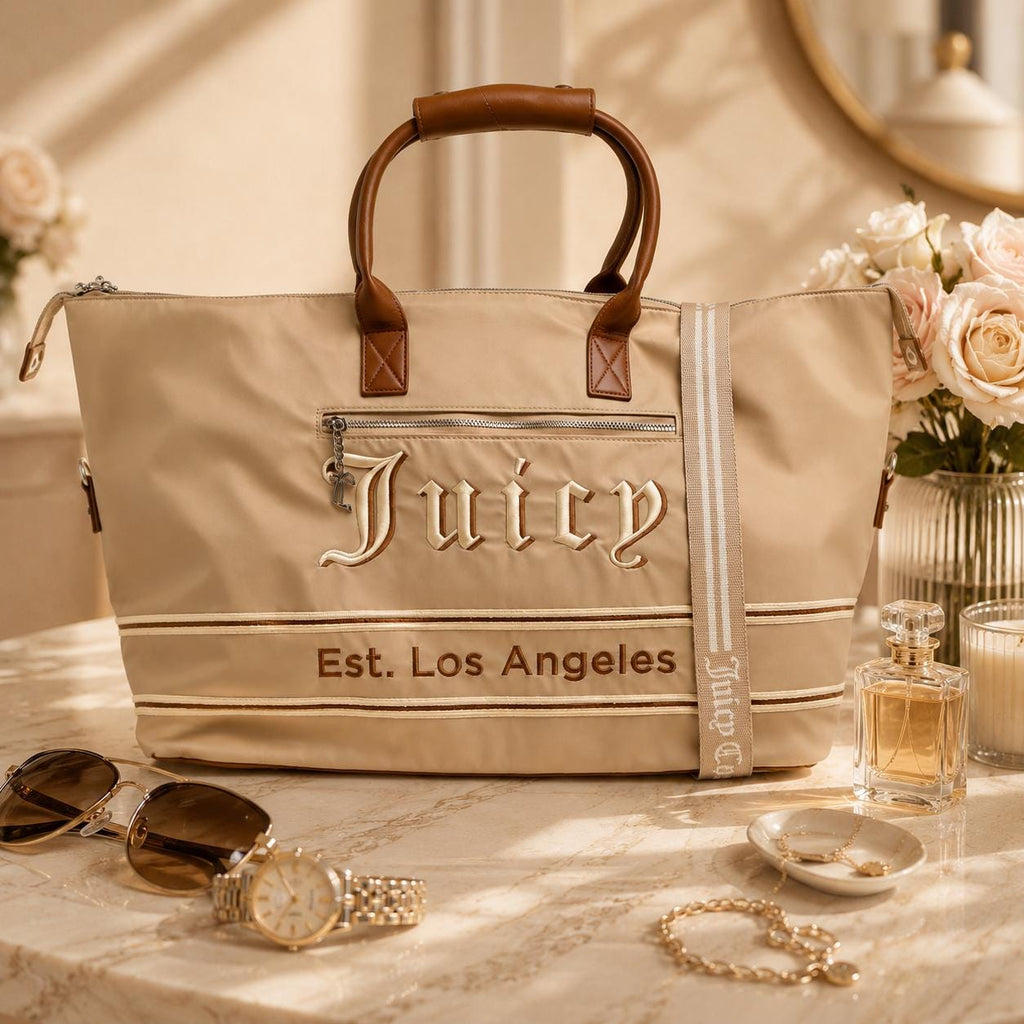 Juicy Couture Large Weekender Bag, Light Taupe Travel Bag, Overnight Holdall, Nylon Duffle Bag, Weekend Luggage for Women