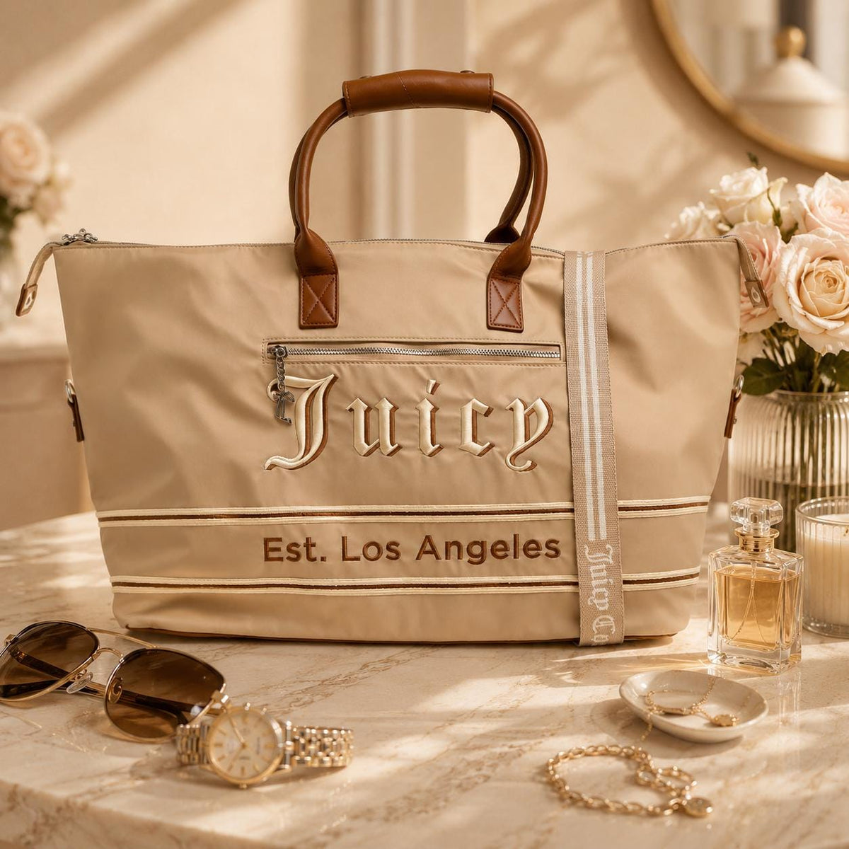 Juicy Couture Large Weekender Bag, Light Taupe Travel Bag, Overnight Holdall, Nylon Duffle Bag, Weekend Luggage for Women