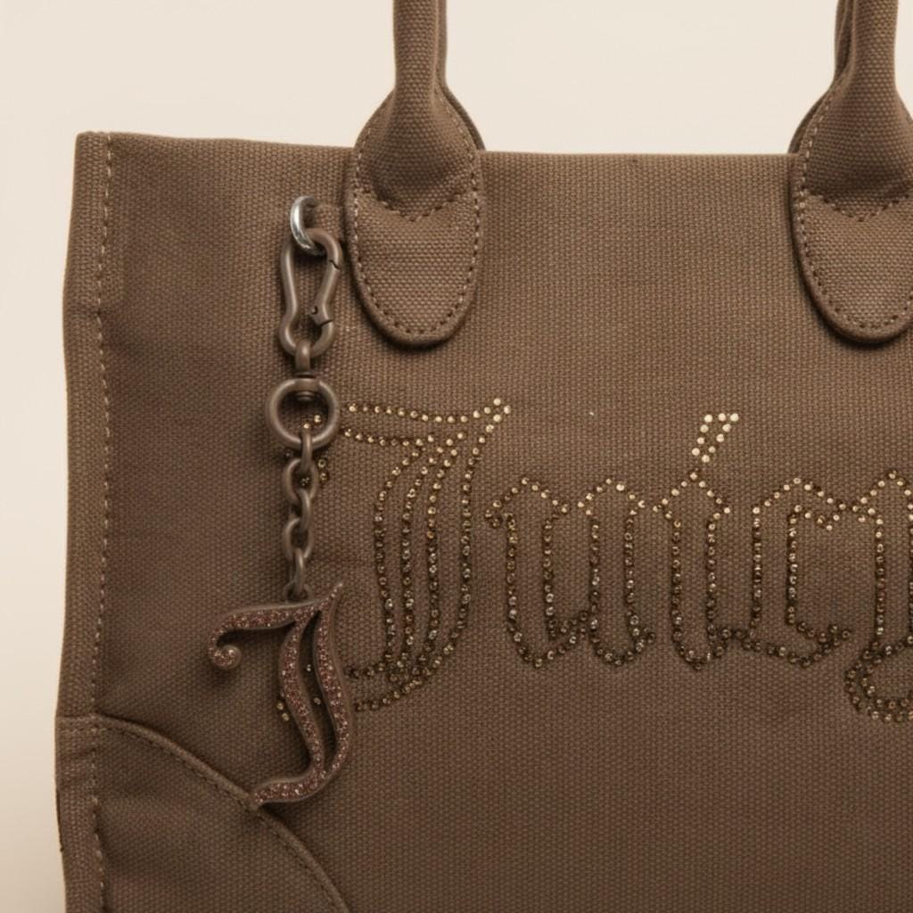 Juicy Couture Brown Tote Bag, Large Canvas Shoulder Bag, Embellished Logo Handbag, Detachable Strap, Womens Everyday Bag