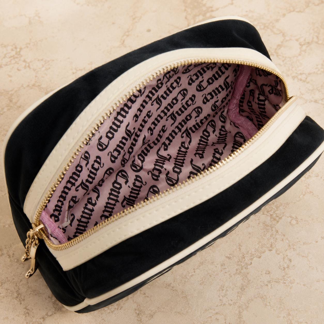 Juicy Couture Black & Cream Velour Cosmetic Bag, Embroidered Logo Makeup Bag, Luxury Beauty Case, Toiletry Bag, Gift for Her