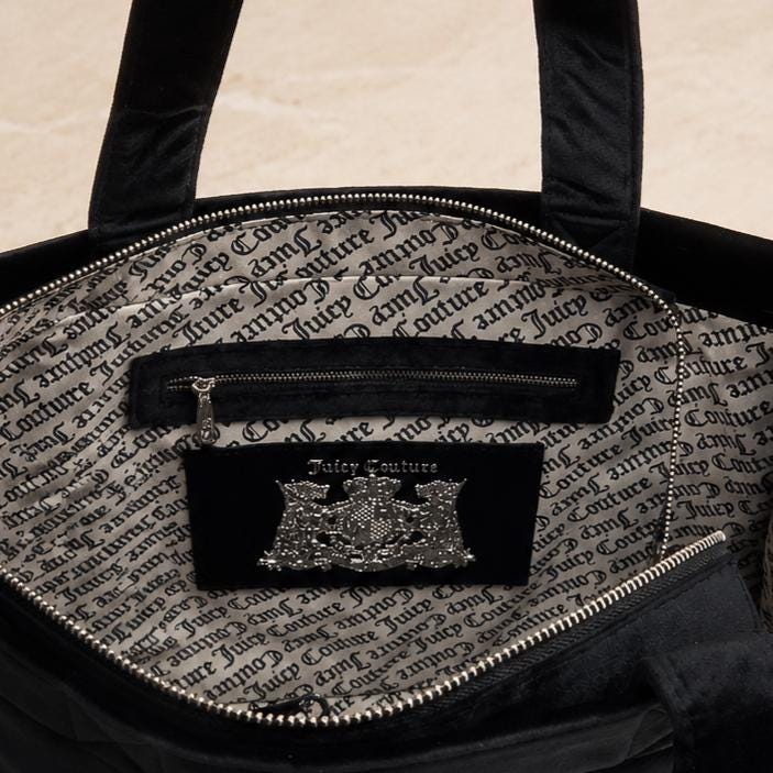 Juicy Couture Black Frida Rhinestone Tote Bag With Wallet, Velour Shoulder Bag, Embroidered Logo Handbag, Women’s Designer Bag