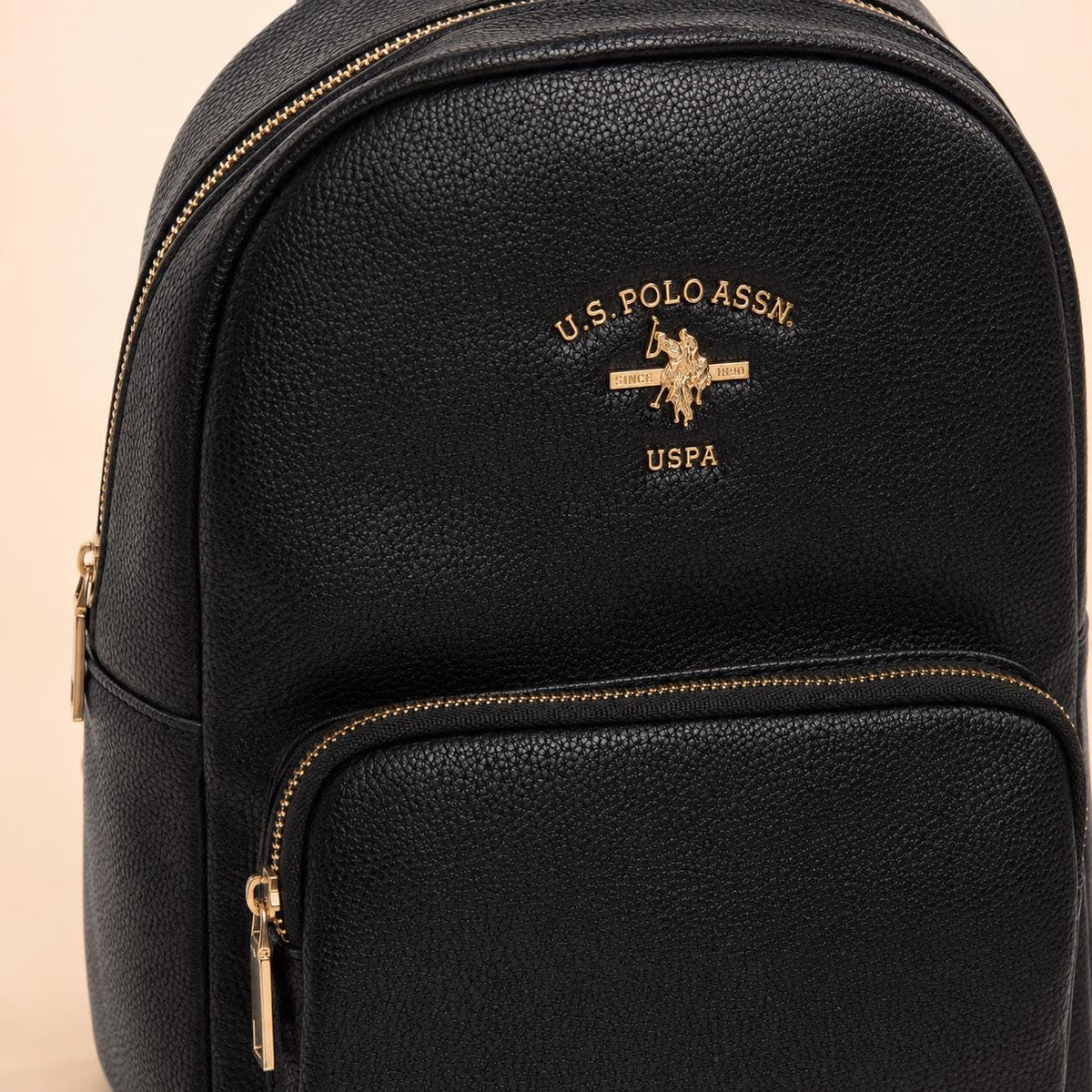 U.S. Polo Assn Black Backpack, Womens Backpack, Gold Hardware Rucksack, Adjustable Shoulder Straps, Everyday Travel Bag