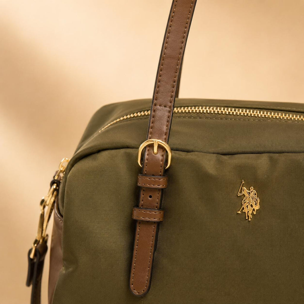 US Polo Assn Khaki Bowling Bag, Olive Green Shoulder Bag, Brown Trim Satchel, Gold Hardware Handbag, Everyday Bag for Women