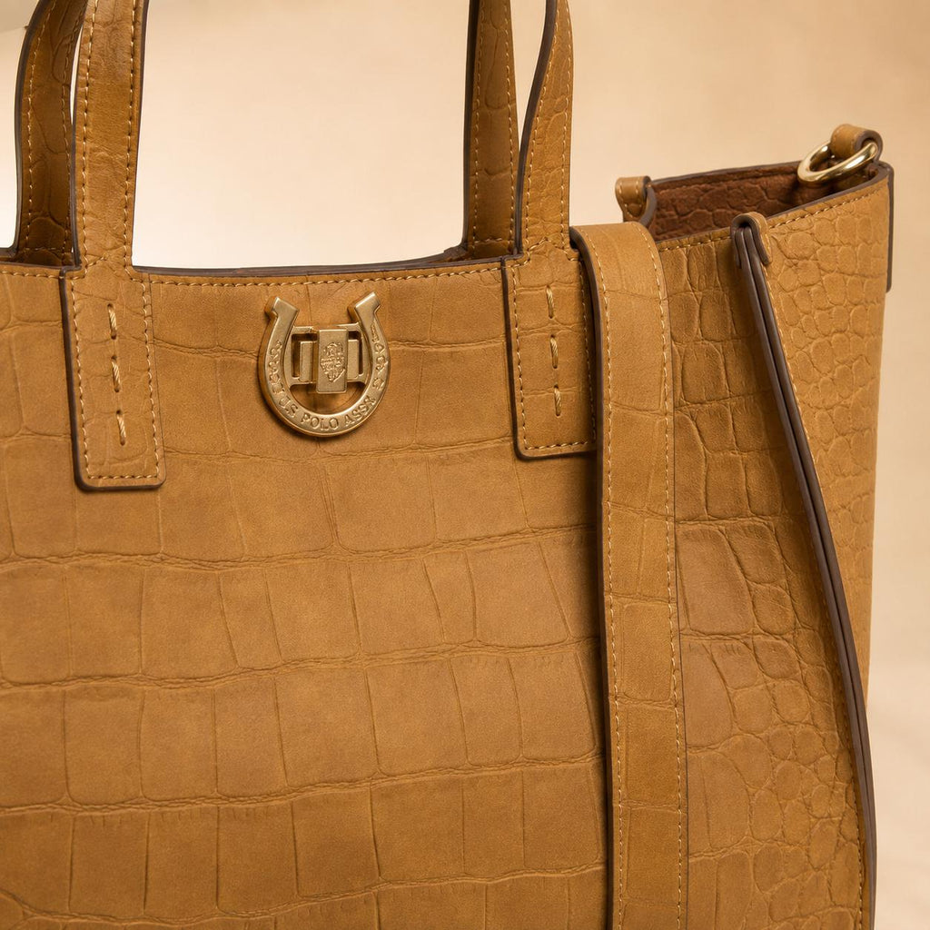 US Polo Assn Brown Reptile Effect Tote Bag, Middleton Womens Shoulder Handbag, Gold Hardware, Crossbody Bag, Gift for Her