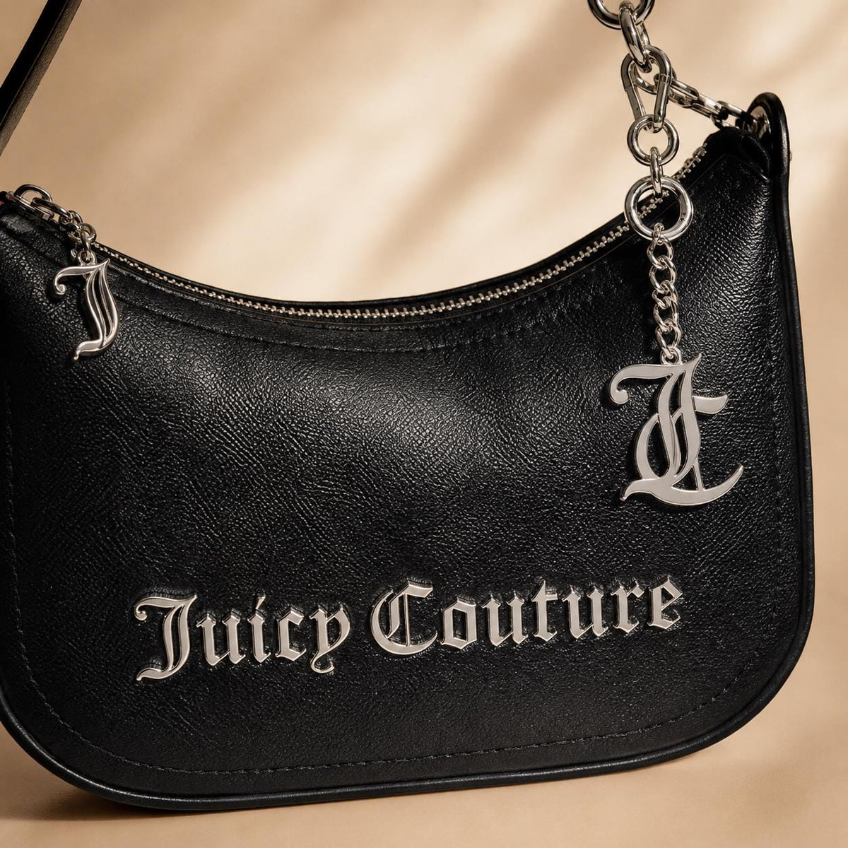 Juicy Couture Black Jasmine Shoulder Bag, Silver Chain Charm Handbag, Logo Zip Purse, Women’s Designer Bag, Gift for Her