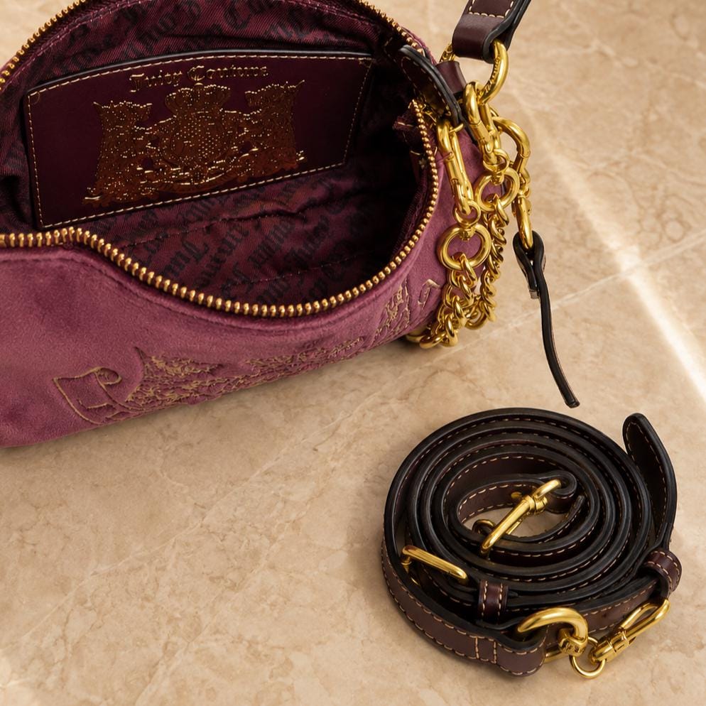Juicy Couture Purple Velour Shoulder Bag, Gold Chain Heart Charm Crossbody Handbag, Detachable Strap, Women’s Designer Bag