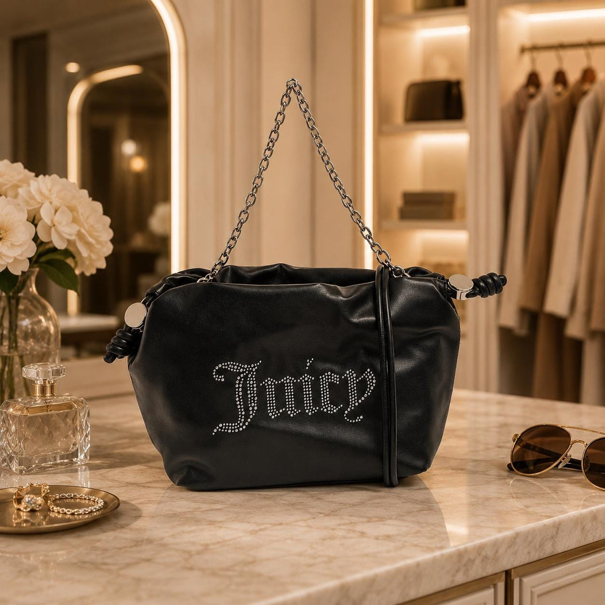 Juicy Couture Black Satchel Bag with Wallet, Silver Chain Shoulder Bag, Studded Logo Handbag, Women’s Designer Purse