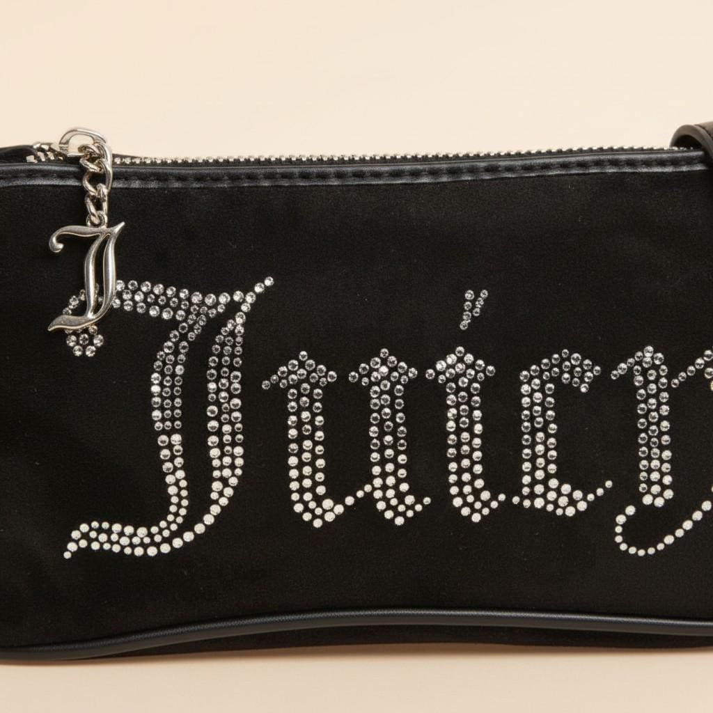 Juicy Couture Black Velvet Shoulder Bag, Rhinestone Handbag, Matching Pouch, Silver Charm Purse, Gift for Her