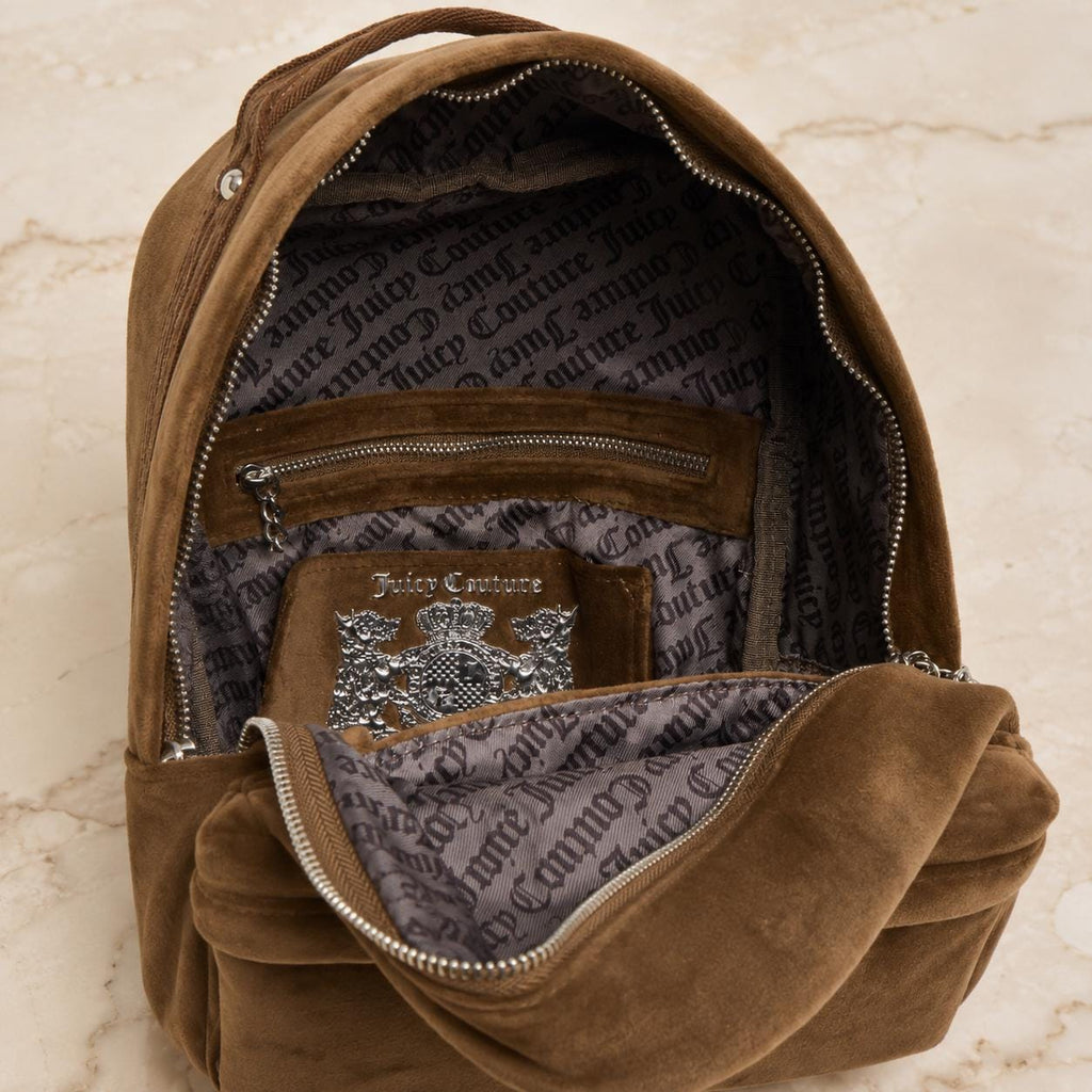 Juicy Couture Brown Velvet Kimberly Backpack, Rhinestone Logo Backpack, Velour Womens Rucksack, Brown Day Bag, Gift for Her