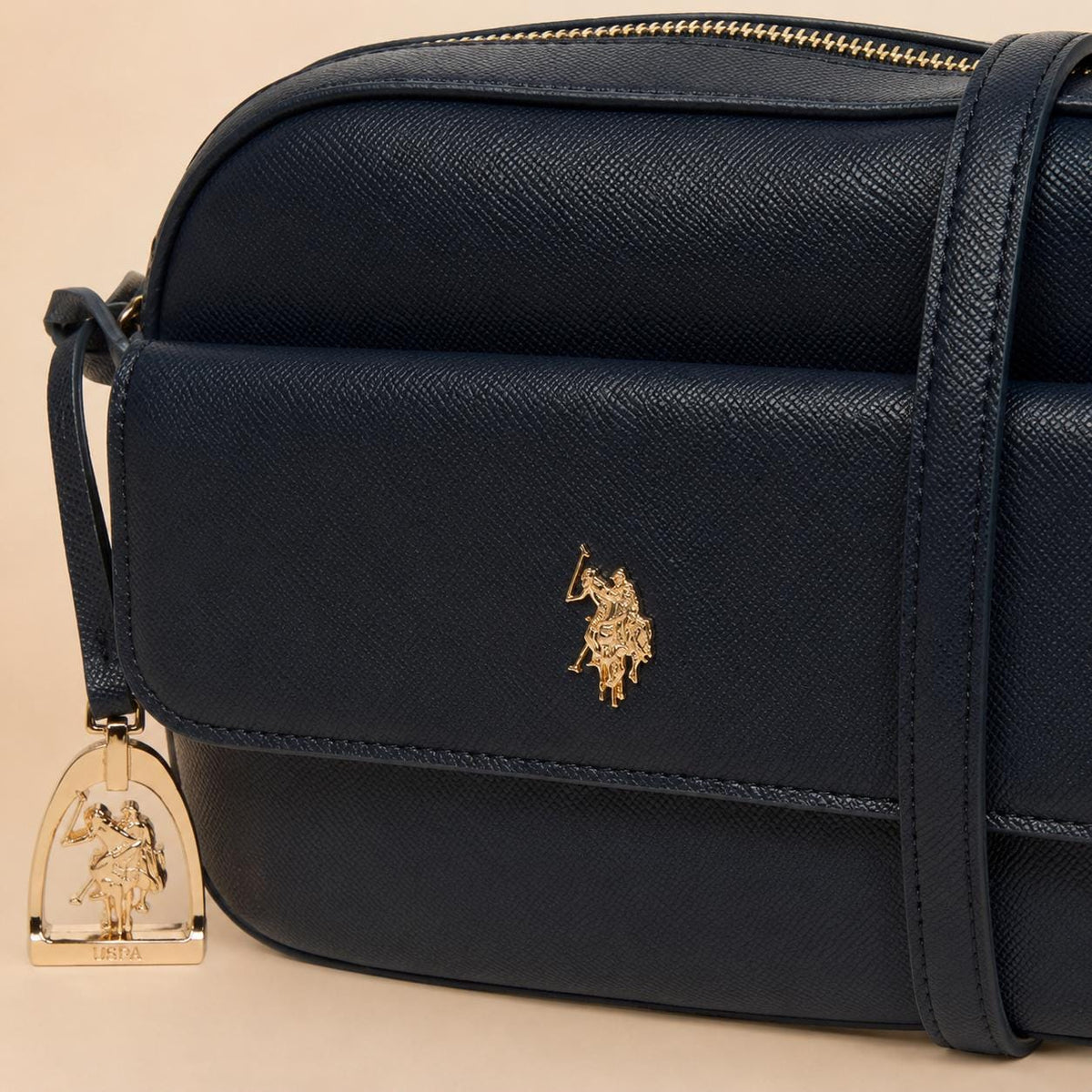 U.S. Polo Assn Navy Crossbody Bag, Blue Shoulder Handbag, Gold Logo Purse, Adjustable Strap Camera Bag, Gift for Her