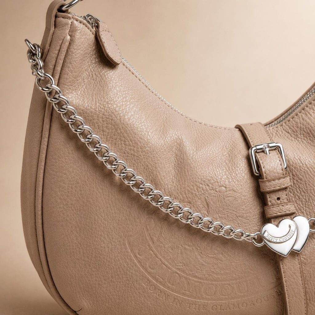 Juicy Couture Taupe Hobo Shoulder Bag, Faux Leather Handbag, Silver Heart Chain Charm Purse, Everyday Bag, Gift for Her