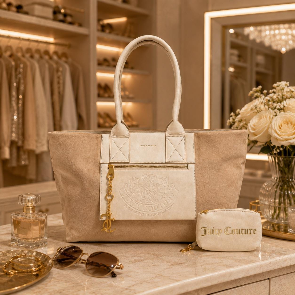 Juicy Couture Beige Tote Bag, Cream Shoulder Bag with Matching Pouch, Gold Charm Large Handbag, Designer Gift for Her