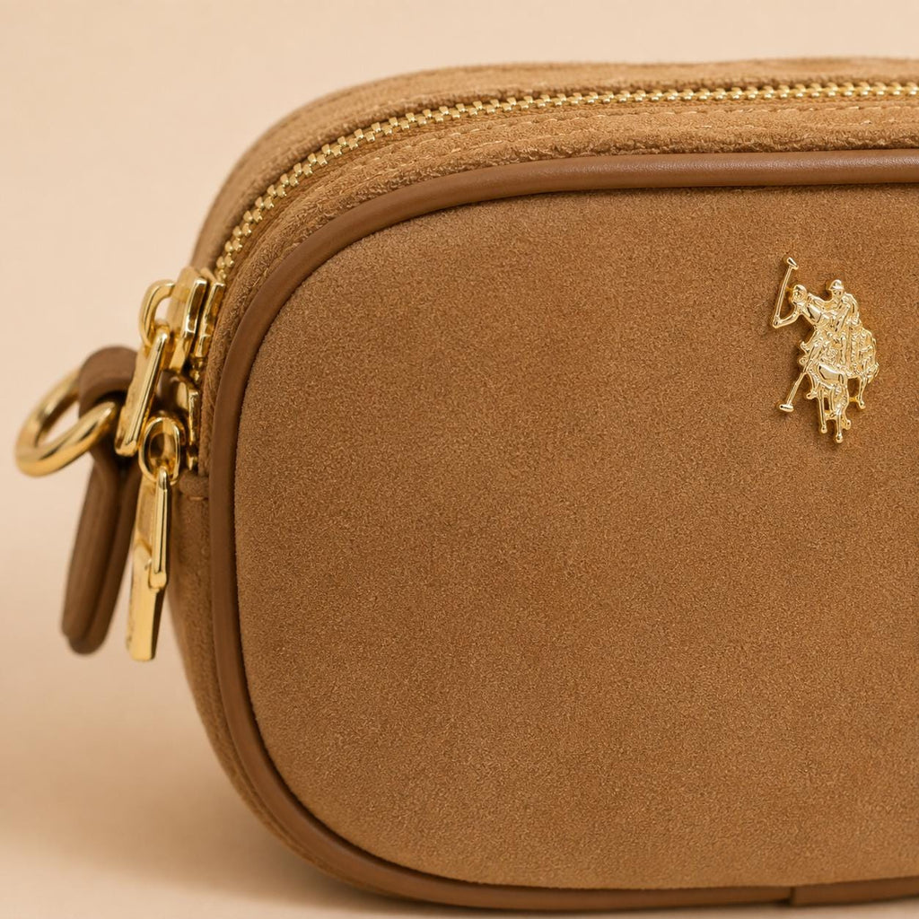 U.S. Polo Assn Brown Crossbody Bag, Suede Camera Bag, Logo Shoulder Purse, Adjustable Woven Strap, Everyday Handbag, Gift for Her