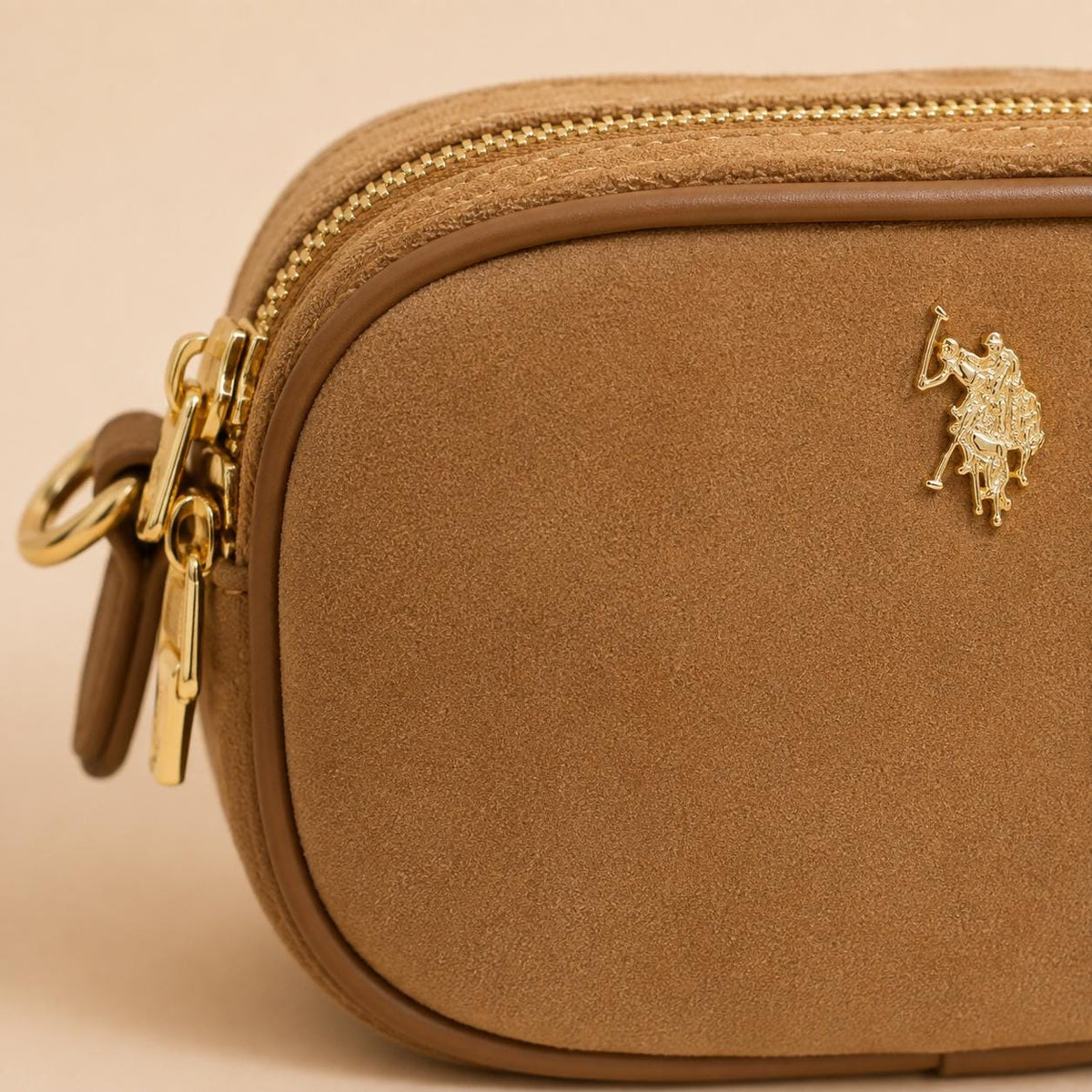 U.S. Polo Assn Brown Crossbody Bag, Suede Camera Bag, Logo Shoulder Purse, Adjustable Woven Strap, Everyday Handbag, Gift for Her