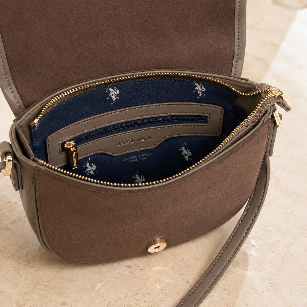 U.S. Polo Assn. Taupe Crossbody Bag, Jones Saddle Shoulder Bag, Adjustable Strap Handbag, Gold Logo Purse, Gift for Her