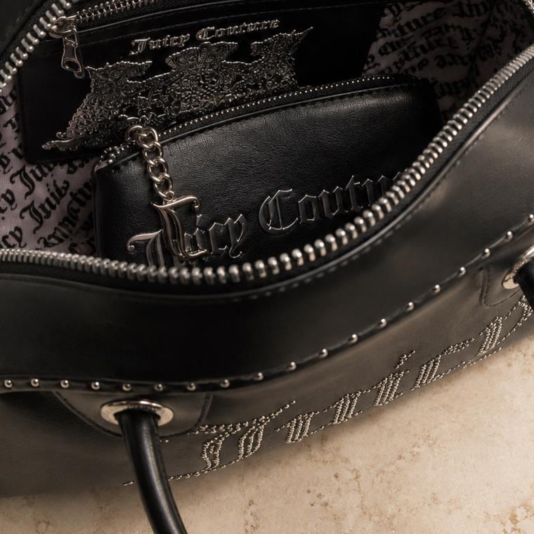 Juicy Couture Black Kimberly Bowling Bag, Studded Logo Handbag, Black Shoulder Bag, Silver Hardware Designer Bag