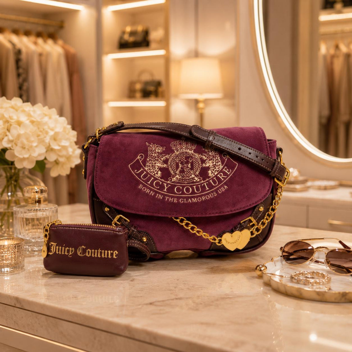 Juicy Couture Burgundy Velour Crossbody Bag, Gold Heart Charm Saddle Shoulder Bag, Dusty Rose Designer Handbag
