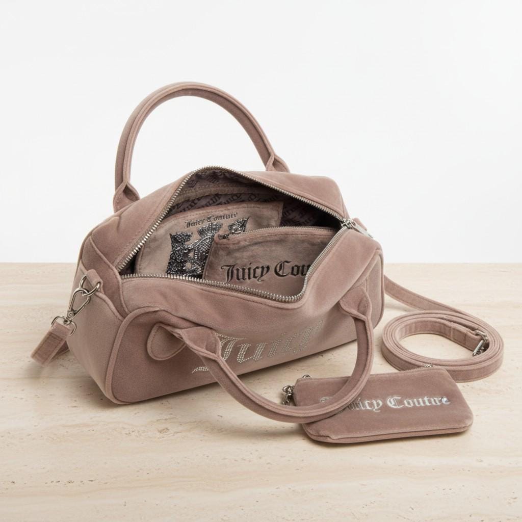 Juicy Couture Taupe Velour Bowling Handbag, Rhinestone Logo Purse, Matching Wallet, Shoulder Bag for Her
